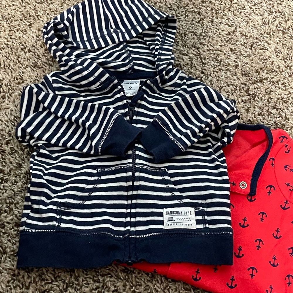 JACKET & ROMPER 2 PCs Carter's Navy and White Striped Hoodie w red Nautical 6-9M